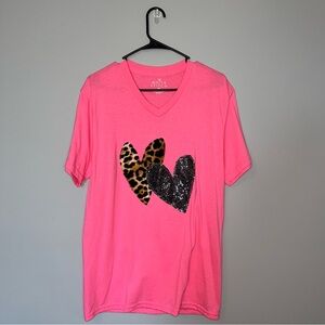 Pink V-Neck Tee with Leopard and Sequin Heart Design